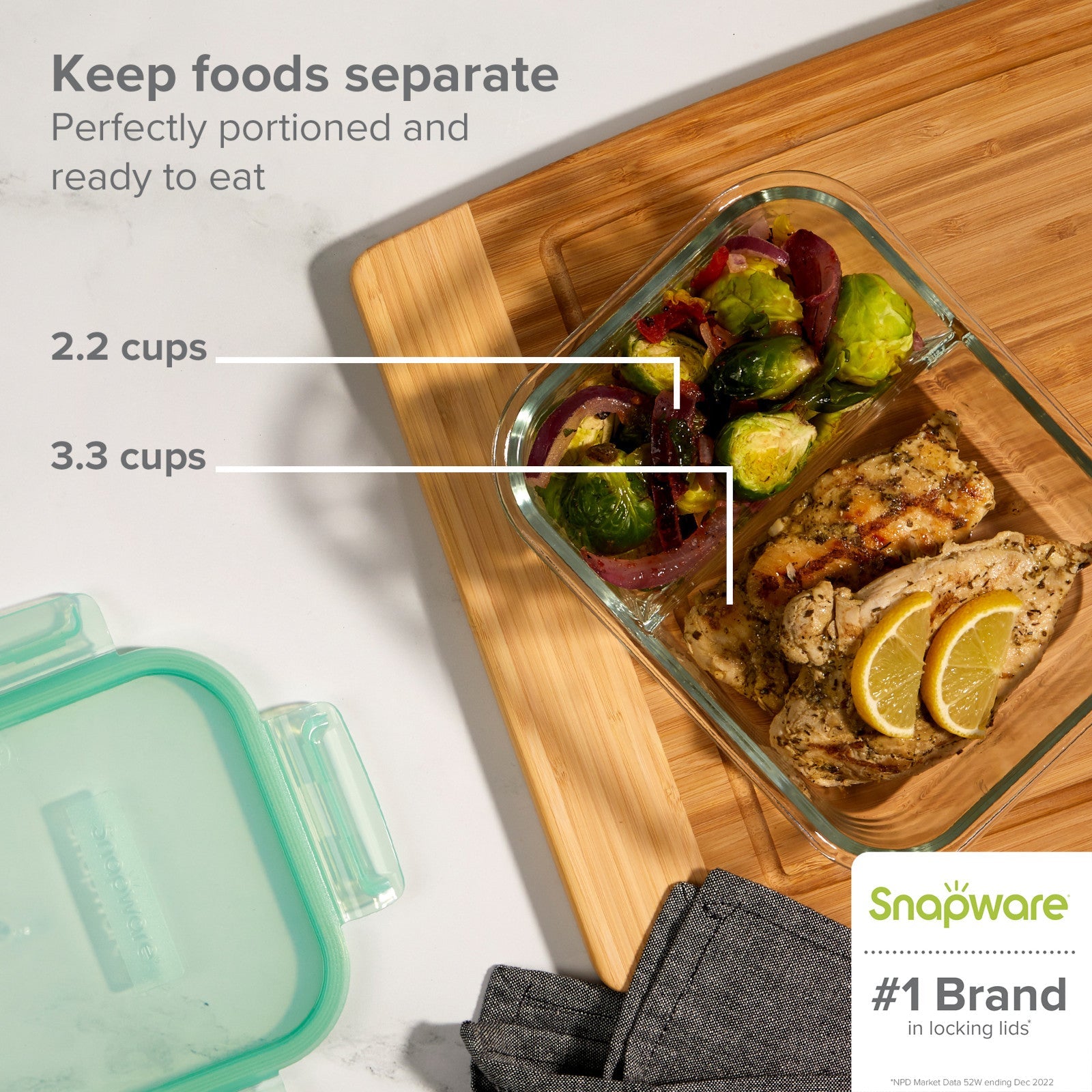 Snapware® MealBox™ 5.8-cup Divided Glass Food Storage Container with Blue Lid - Image 2